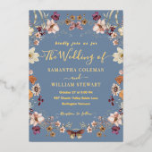 Pastel Boho Wildblume Rustic Periwinkle Wedding Folieneinladung (Vorderseite)