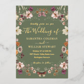 Pastel Boho Wildflower Rustic Sage Green Wedding Folieneinladung (Vorderseite)