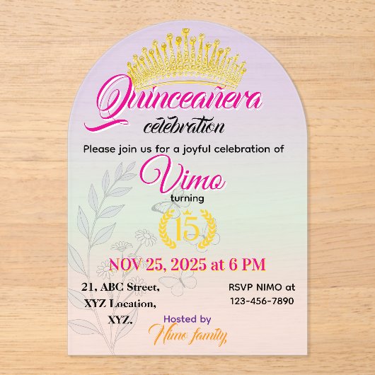 Pastel Botanical Quinceañera Acrylic Invitation Acryleinladungen (Vorderseite)
