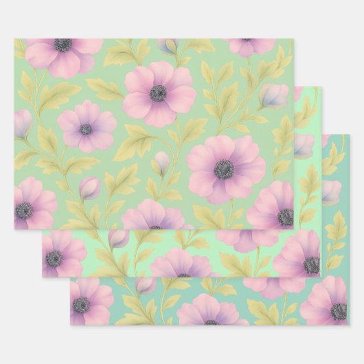 Pastel Botanical Wrapping Paper Set of 3 Geschenkpapier Set (Set)