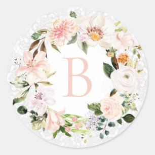 Pastel Botanisches Spitzen-Monogramm Runder Aufkleber