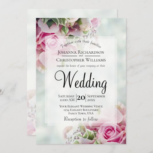 Pastel Bouquet Pink Roses & Peony Buds Hochzeit Einladung (Vorne/Hinten)
