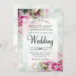 Pastel Bouquet Pink Roses & Peony Buds Hochzeit Einladung