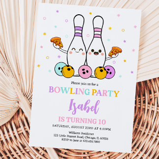 Pastel Bowling und Pizza Geburtstagsparty Einladung