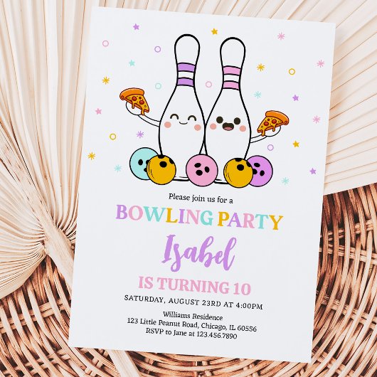 Pastel Bowling und Pizza Geburtstagsparty Einladung