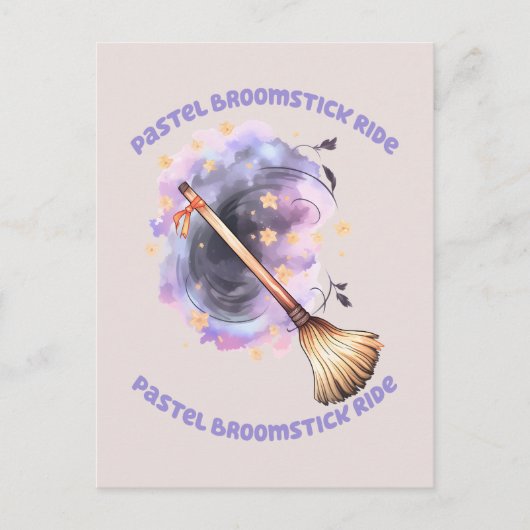 Pastel Broomstick Ride - Whimsical Witz Broom Postkarte (Vorderseite)