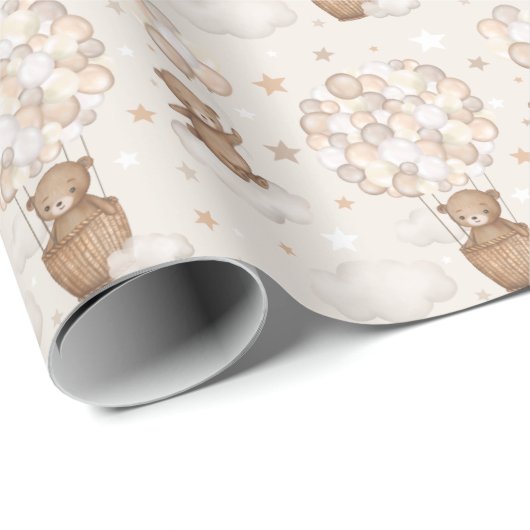 Pastel Brown Teddy Bear Hot Air Ballon Cloud Star Geschenkpapier (Rolleneckpunkt)