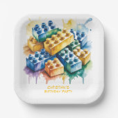 Pastel Building Block Splash Boy Birthday Party Pappteller (Vorderseite)