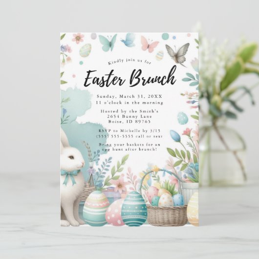 Pastel Bunny Osterbrunch und Eierjagd Einladung (Stehend Vorderseite)