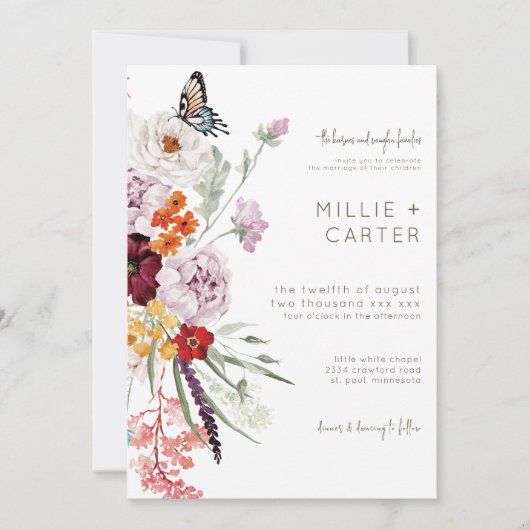 Pastel & Burgund Blooms Moderne Blumenhochzeit Einladung (Vorderseite)