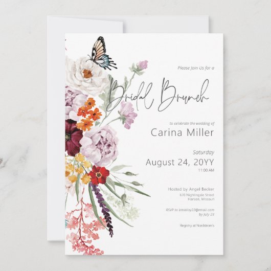 Pastel & Burgundy Blooms Bloral Bridal Brunch Einladung (Vorderseite)
