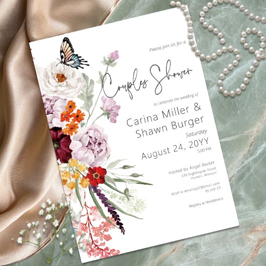 Pastel & Burgundy Blooms Blumenpaare Dusche Einladung