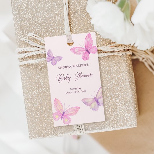 Pastel Butterflies Pink Lila Baby Dusche Geschenkanhänger