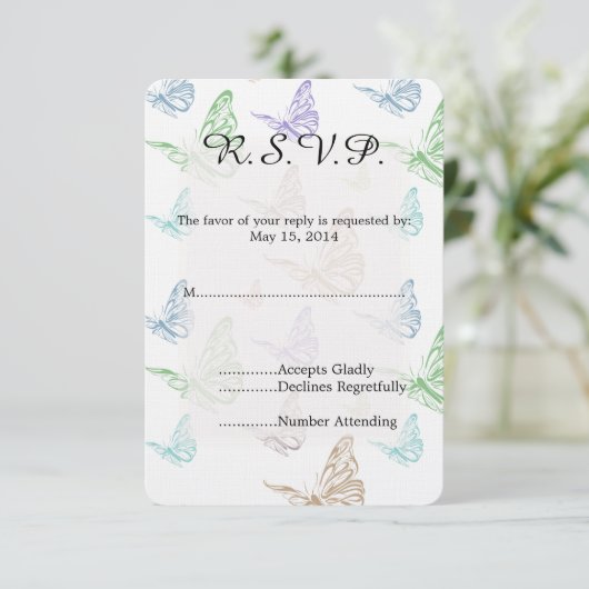 Pastel Butterflies Wedding RSVP Karte (Stehend Vorderseite)