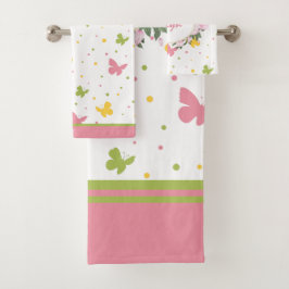Pastel Butterfly Muster mit Blume und Namen Badhandtuch Set