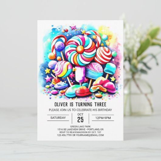 Pastel Candy Printable Geburtstag Einladung (Stehend Vorderseite)