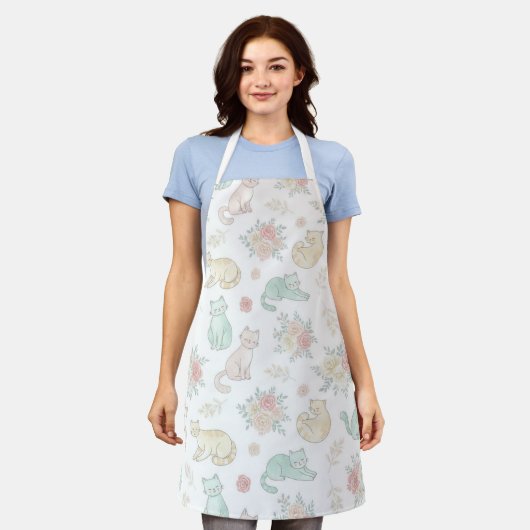 Pastel Cat and Rose Floral Pattern White Kitchen Schürze (Getragen)