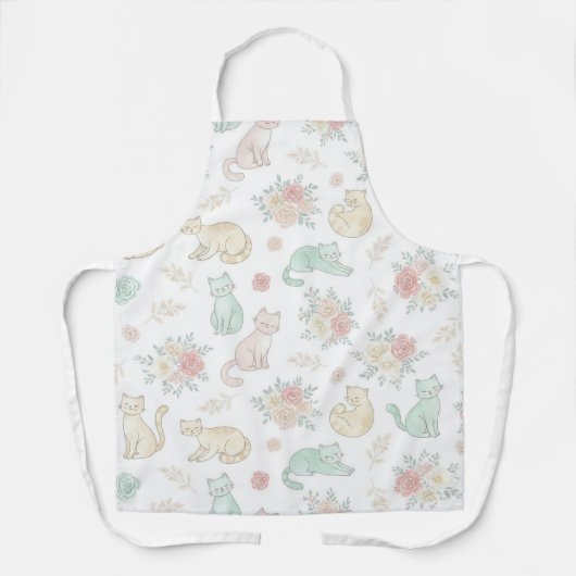 Pastel Cat and Rose Floral Pattern White Kitchen Schürze (Vorderseite)