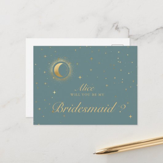 Pastel Celestial Crescent Moon Bridesmaid Postkarte (Vorderseite/Rückseite Beispiel)