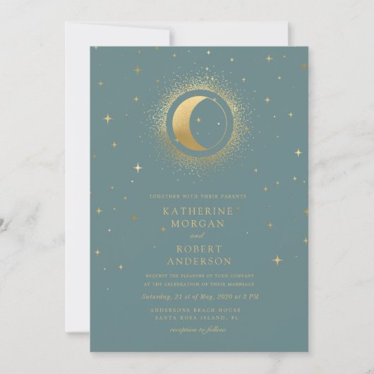 Pastel Celestial Gold Moon Wedding Einladung (Vorderseite)