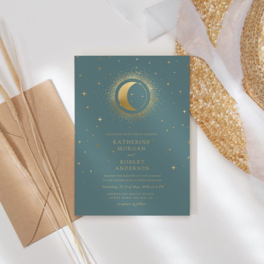 Pastel Celestial Gold Moon Wedding Einladung