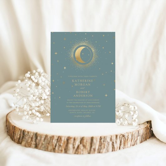 Pastel Celestial Gold Moon Wedding Einladung