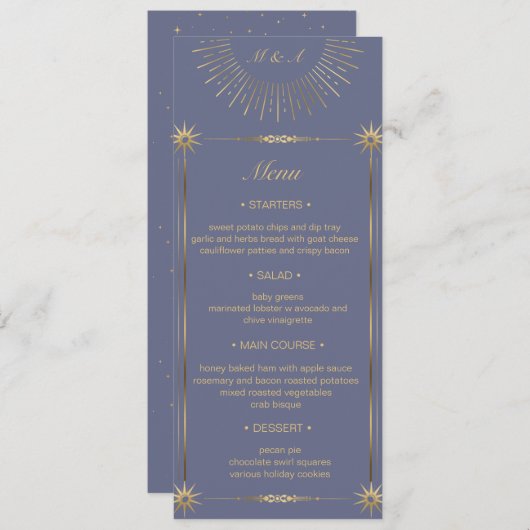 Pastel Celestial Gold Wedding Dinner Menu Card Einladung (Vorne/Hinten)