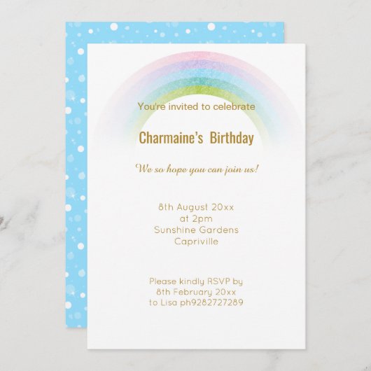 PASTEL CHALKBOARD RAINBOW BLAU GANZ ANFANG EINLADUNG (Vorne/Hinten)