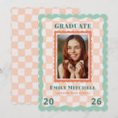Pastel Checkered Grad Announcement with Photo Einladung (Vorne/Hinten)