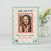 Pastel Checkered Grad Announcement with Photo Einladung (Stehend Vorderseite)