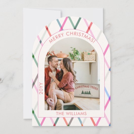 Pastel Checkered Pattern Frohe Weihnachts-Foto Einladung (Vorderseite)