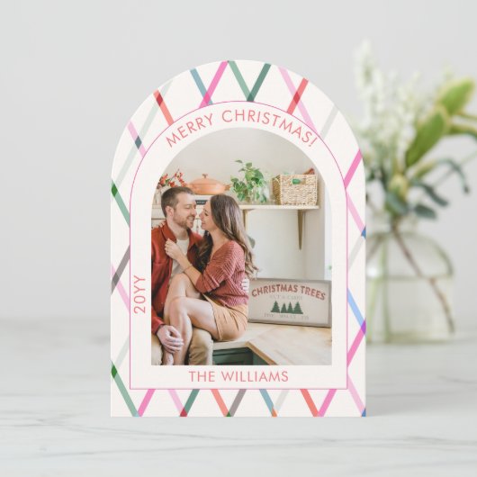 Pastel Checkered Pattern Frohe Weihnachts-Foto Einladung (Stehend Vorderseite)