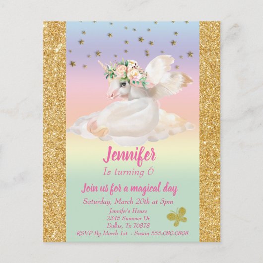 Pastel Child's Gold Unicorn Pegasus Rainbow Budget (Vorderseite)