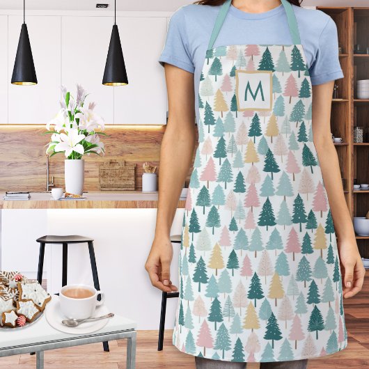 Pastel Christmas Pine Trees Mit Monogramm Kitchen Schürze