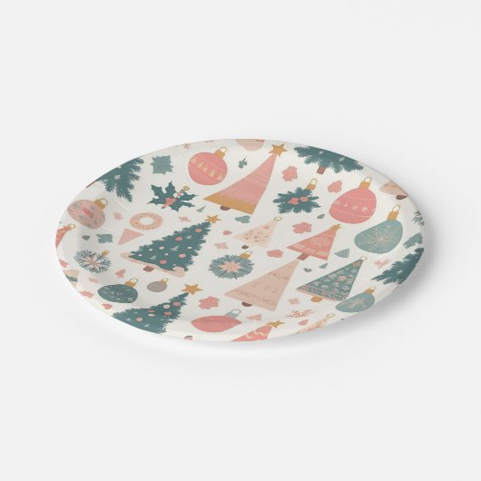 Pastel Christmas Tree Ornaments Holiday Pappteller (Schrägansicht)