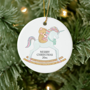 Pastel Christmas Unicorn Rocking Horn on White Keramik Ornament