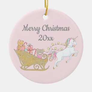 Pastel Christmas Unicorn Santa's Sleigh Pink Keramik Ornament