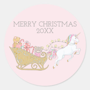 Pastel Christmas Unicorn Santa's Sleigh Pink Runder Aufkleber