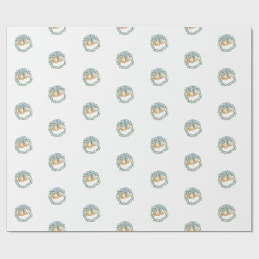 Pastel Christmas Wreath Blue Bow Geschenk Geschenkpapier (Flach)