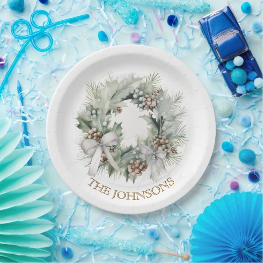 Pastel Christmas Wreath & Custom Name Paper Plates Pappteller (Party)