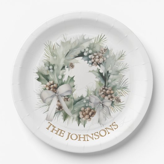 Pastel Christmas Wreath & Custom Name Paper Plates Pappteller (Vorderseite)