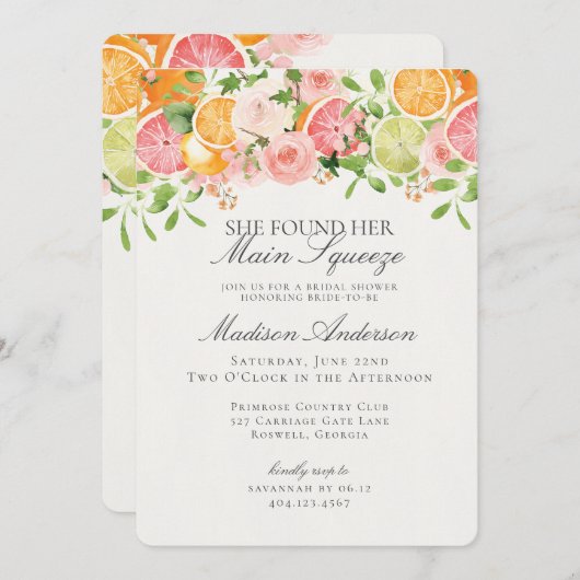 Pastel Citrus Floral Main Squeeze Brautparty Einladung (Vorne/Hinten)