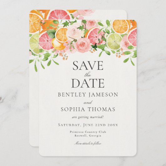 Pastel Citrus Floral Main Squeeze Save the Date Einladung (Vorne/Hinten)