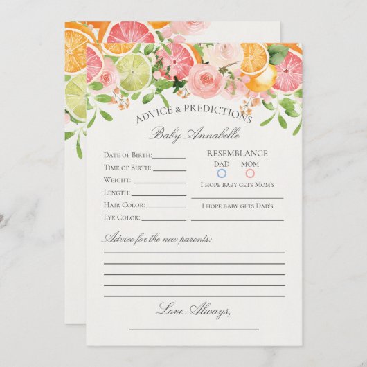 Pastel Citrus Floral Süsse Ratschläge für die Kind Einladung (Vorne/Hinten)