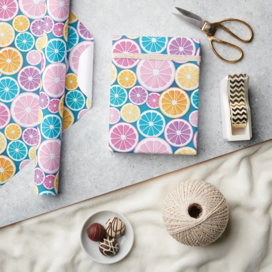Pastel Citrus Fruchtmuster Geschenkpapier (Kunsthandwerk)