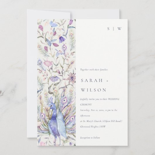 Pastel Classy Verziert Watercolor Peacock Wedding Einladung (Vorderseite)