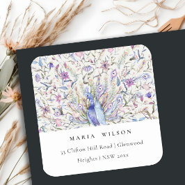 Pastel Classy Verziert Watercolor Pfauenadresse Quadratischer Aufkleber
