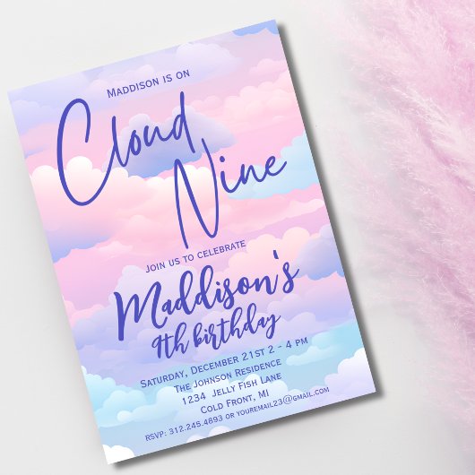 Pastel Cloud 9 Mädchen 9. Geburtstag Einladung