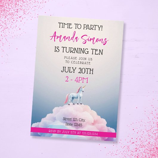 Pastel Cloud Unicorn Dreamscape Girl 10th Birthday Einladung