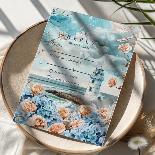 Pastel Coastal Lighthouse Ocean Wedding RSVP Karte